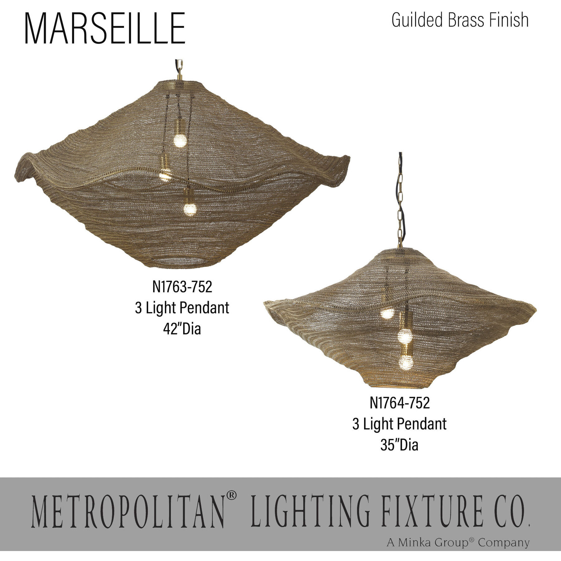 Marseille 3 Light 43 inch Brass Antique Pendant Ceiling Light